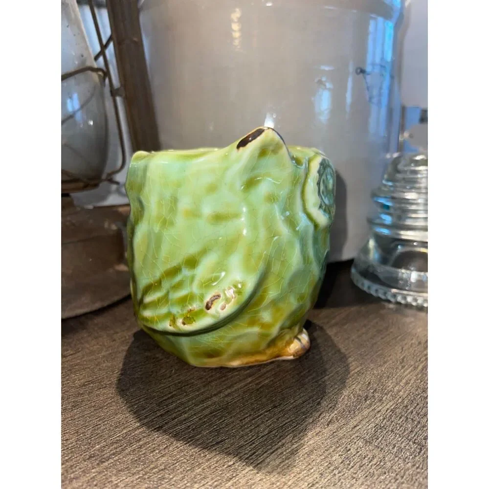 Vintage Green Glazed Ceramic Owl Planter Pot Crackle Glaze Hand Crafted Succulen